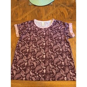 Lucky Brand Women's Large Short Sleeve Top Paisley Floral Burgundy  Soft